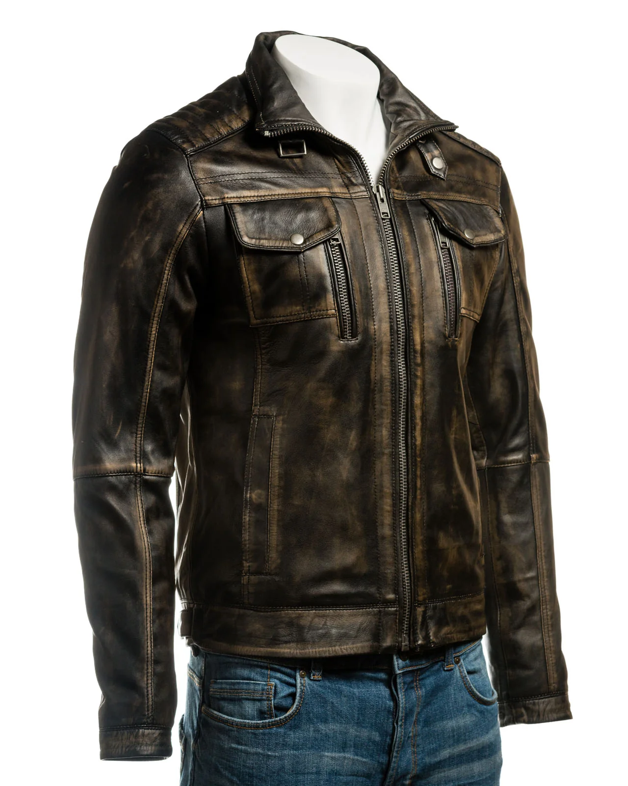 Vintage-Washed Artisan Leather Moto Jacket